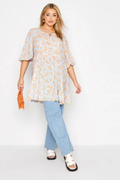 YOURS Curve Blue Floral Tie Neck Smock Top