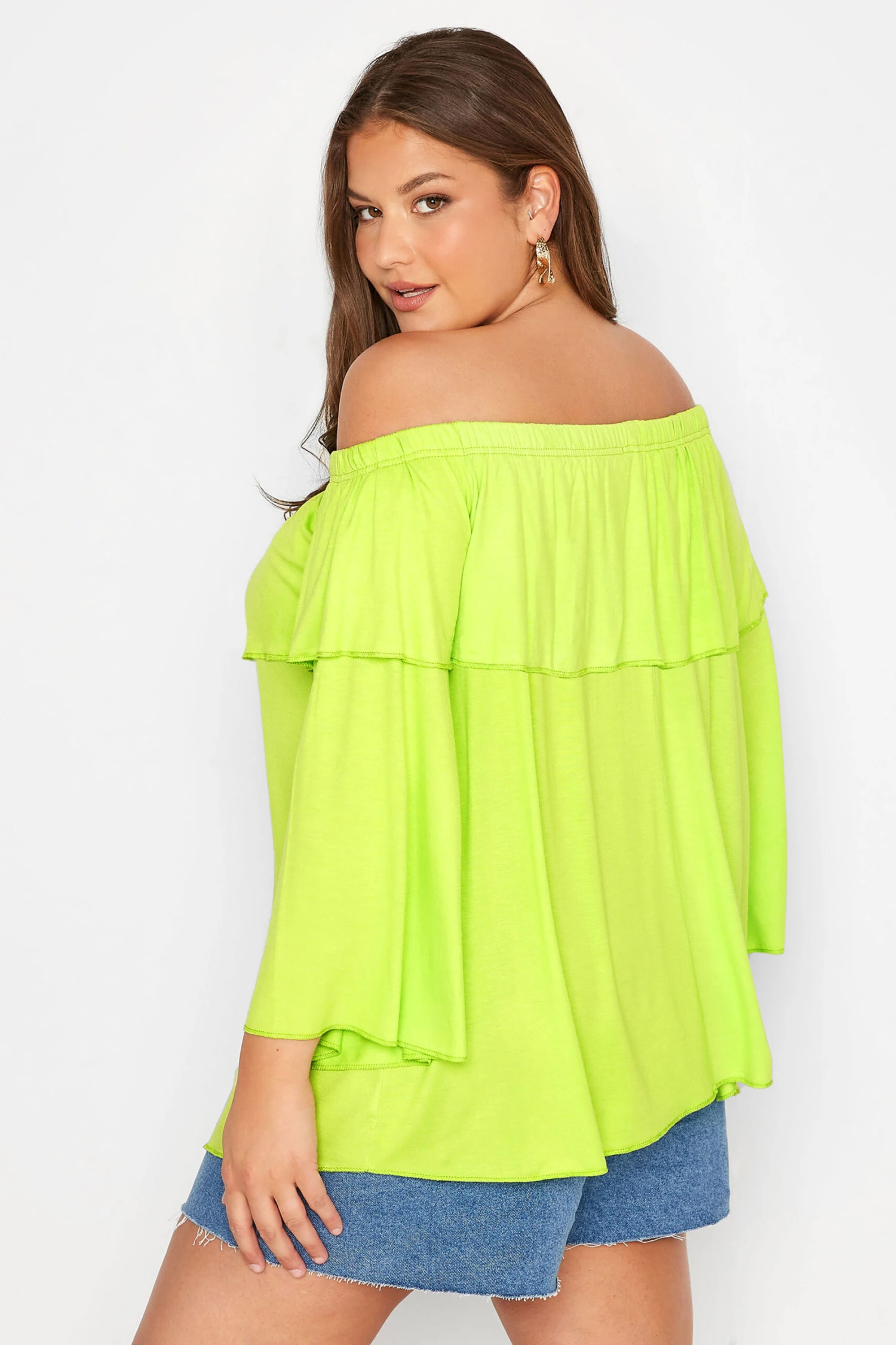 LIMITED COLLECTION Curve Lime Green Frill Bardot Top 1 LIMITED COLLECTION Curve Lime Green Frill Bardot Top