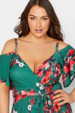 YOURS LONDON Curve Green Floral Cold Shoulder Wrap Dress -Luna Looks Zone 47fffe59 29ff 46 162179 D
