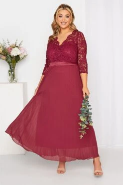 YOURS LONDON Curve Burgundy Red Lace Pleated Maxi Dress