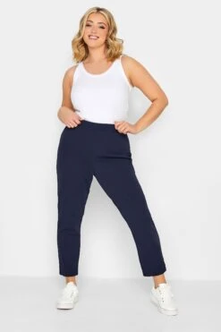 YOURS PETITE Curve Navy Blue Textured Slim Leg Trousers