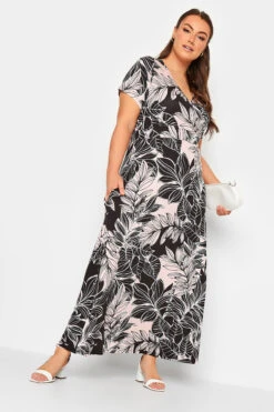YOURS Curve Black & Pink Leaf Print V-Neck Midaxi Dress