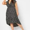 YOURS Curve Black Daisy Print High Low Wrap Dress