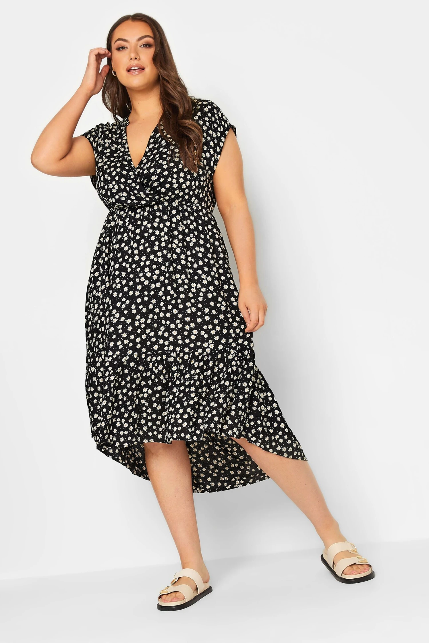 YOURS Curve Black Daisy Print High Low Wrap Dress 1 YOURS Curve Black Daisy Print High Low Wrap Dress
