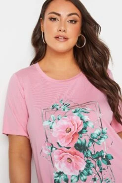YOURS Curve Pink Floral Foil Print T-Shirt -Luna Looks Zone 4a174c8f bf85 41 302177 D