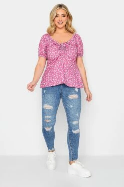 YOURS PETITE Curve Pink Ditsy Print Ruched Front Top