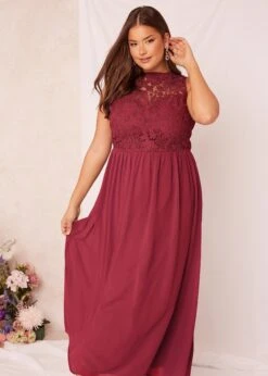 YOURS LONDON Curve Burgundy Red Lace Front Chiffon Maxi Dress -Luna Looks Zone 4a31e0ea 0922 41 161504 L