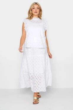 YOURS PETITE Curve White Broderie Frill Shoulder Top