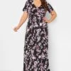 YOURS Curve Black Leaf Print Wrap Maxi Dress