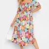 YOURS Curve Pink & Blue Floral Print Shirred Midi Dress