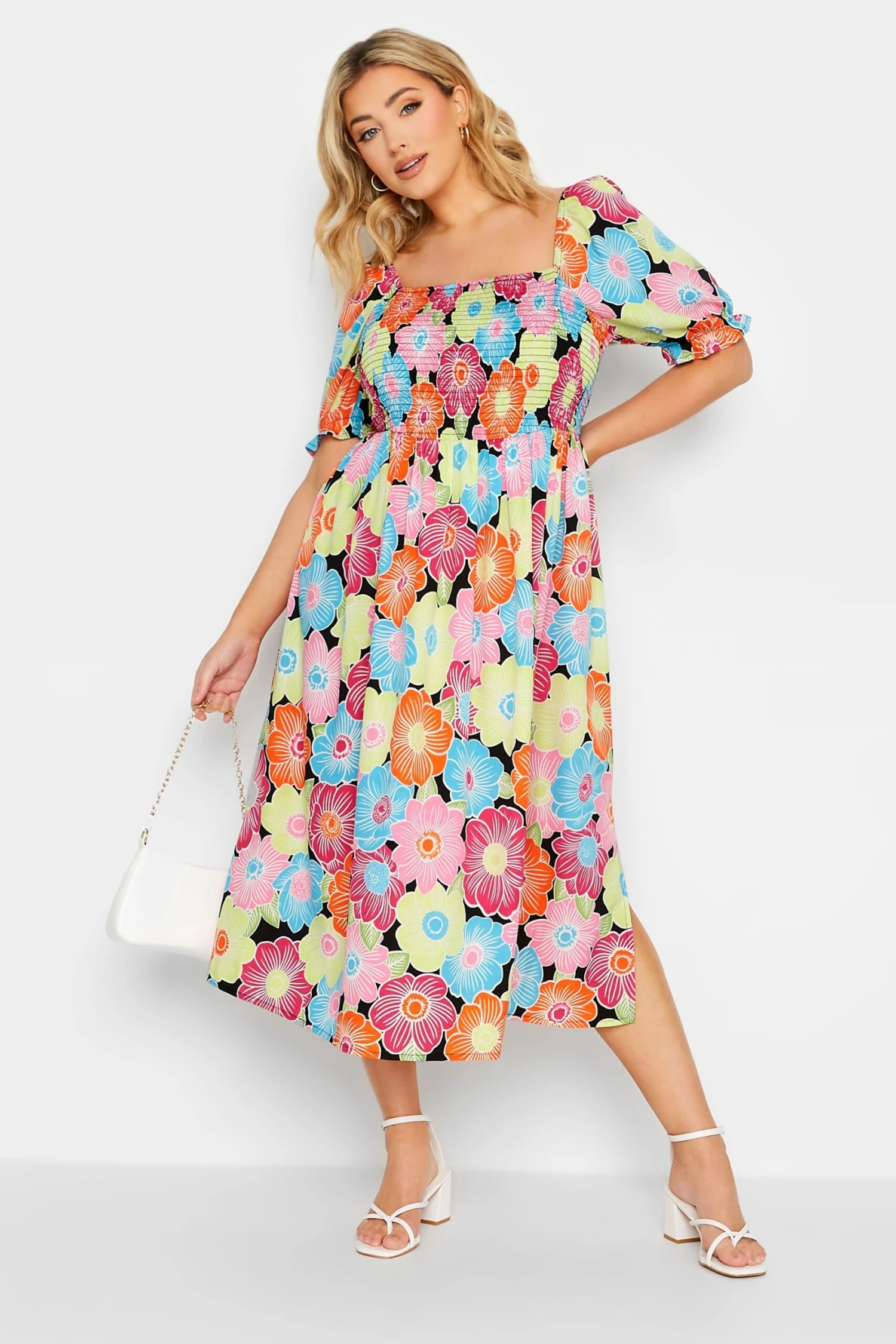 YOURS Curve Pink & Blue Floral Print Shirred Midi Dress 1 YOURS Curve Pink & Blue Floral Print Shirred Midi Dress