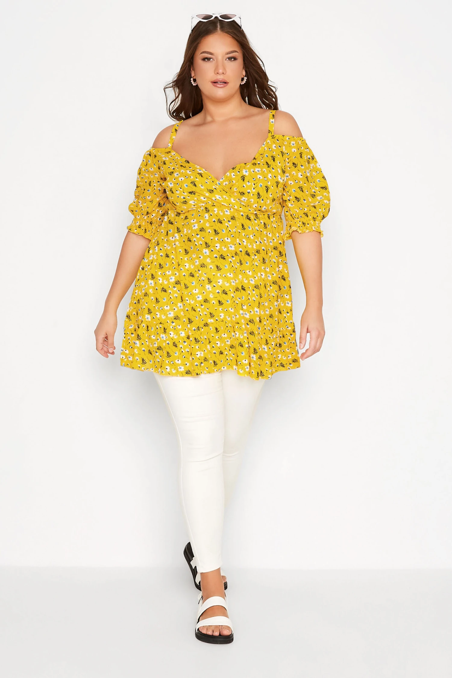 YOURS Curve Yellow Floral Cold Shoulder Top 1 YOURS Curve Yellow Floral Cold Shoulder Top