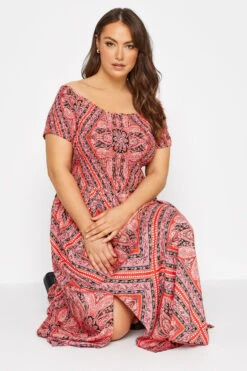 YOURS Curve Pink Paisley Print Bardot Maxi Dress -Luna Looks Zone 4d72b2ab a8b7 46 137106 D