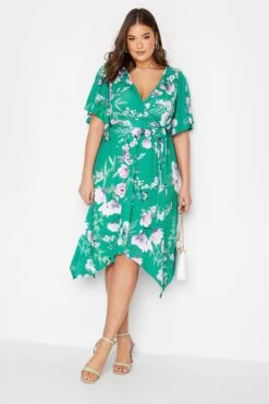 YOURS LONDON Curve Green Floral Hanky Hem Dress