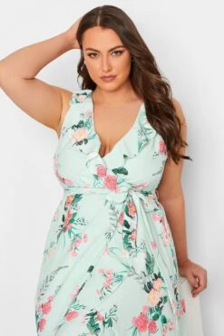 YOURS LONDON Curve Green Floral Print Double Ruffle Wrap Dress -Luna Looks Zone 4f37a027 6311 40 162053 D