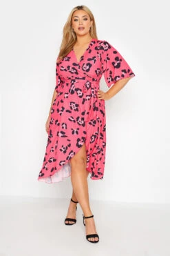 YOURS LONDON Curve Bright Pink Leopard Print Midi Wrap Dress