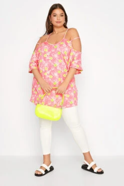 YOURS Curve Pink Floral Strappy Cold Shoulder Top