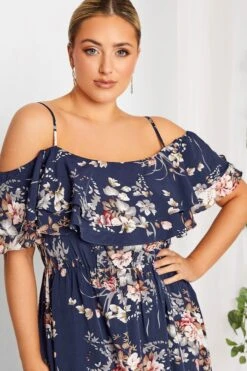 YOURS LONDON Curve Navy Blue Floral Ruffle Bardot Maxi Dress -Luna Looks Zone 50a0abdd 5c4c 41 161955 D