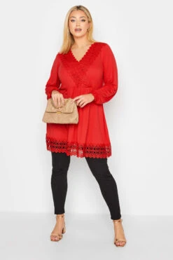 YOURS Curve Red Crochet Long Sleeve Tunic Top
