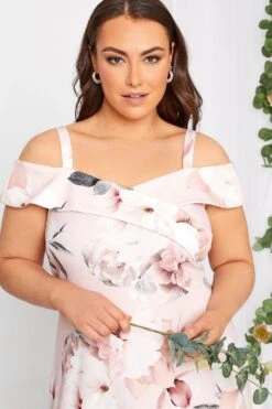 YOURS LONDON Curve Light Pink Floral Bardot High Low Midi Dress -Luna Looks Zone 51af5591 a729 4a 162090 D