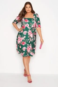 YOURS LONDON Curve Green Floral Square Neck Dress