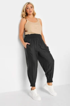 YOURS Curve Black Shirred Waist Cropped Harem Trousers