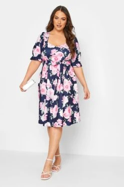 YOURS LONDON Curve Navy Blue Floral Print Puff Sleeve Dress
