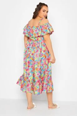 LIMITED COLLECTION Curve Pink Floral Frill Cold Shoulder Midi Dress 9 LIMITED COLLECTION Curve Pink Floral Frill Cold Shoulder Midi Dress -Luna Looks Zone 573af1d8 8f33 4e 215558 D