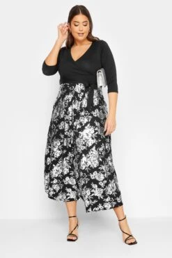 YOURS LUXURY Curve Black & Silver Foil Floral Print Wrap Dress