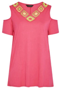 YOURS Curve Pink Crochet Neckline Cold Shoulder Tunic Top -Luna Looks Zone 58379876 3a8d 44 300932 X