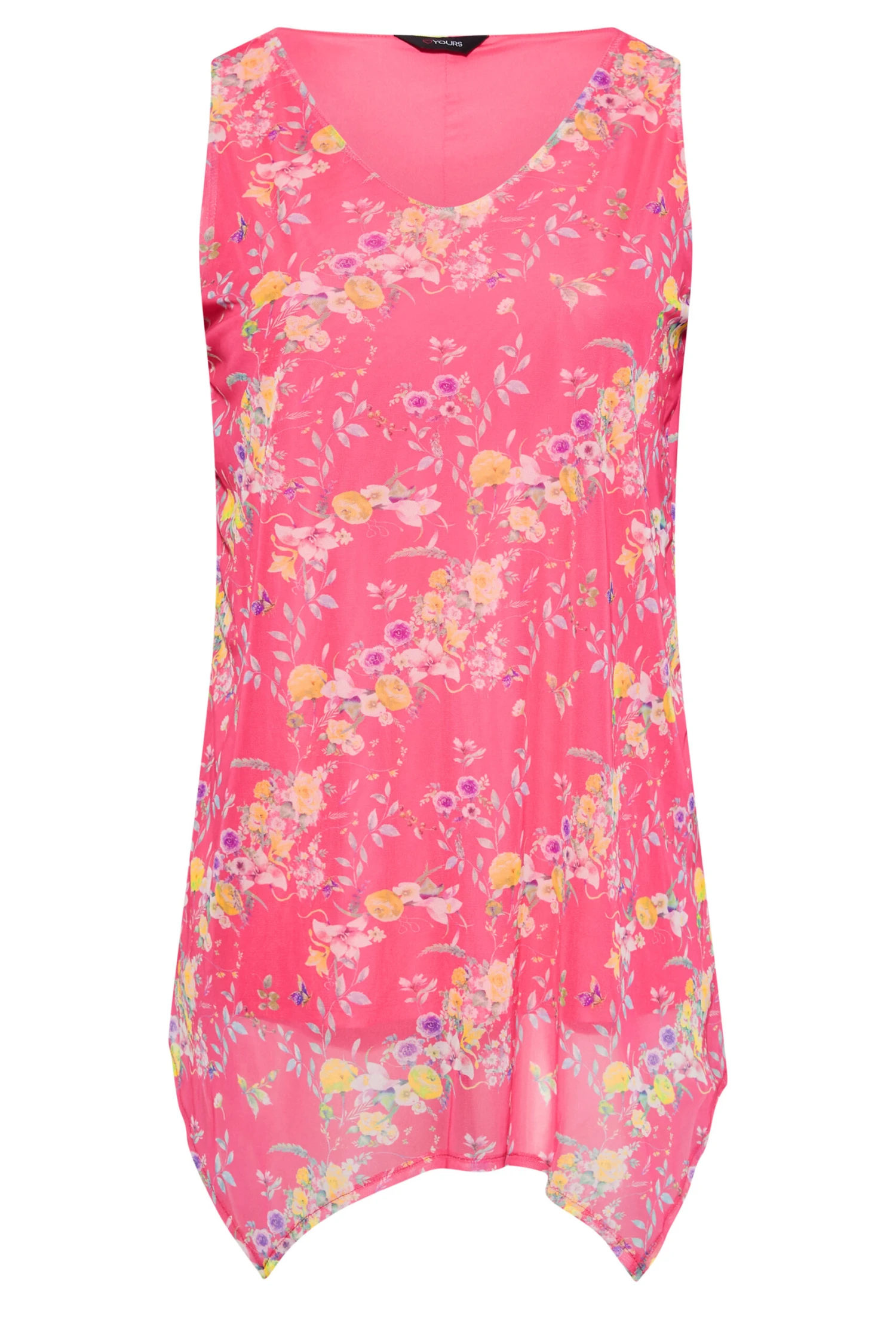 YOURS Curve Pink Floral Hanky Hem Double Layer Vest Top 3 YOURS Curve Pink Floral Hanky Hem Double Layer Vest Top - Image 3