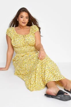 Curve Yellow Floral Print Bardot Maxi Dress -Luna Looks Zone 593b77e9 05b4 4e 137100 A