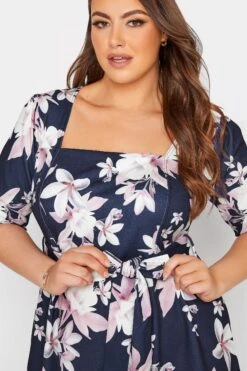 YOURS LONDON Curve Navy Blue Floral Print Square Neck Dress -Luna Looks Zone 59c14e5e 382b 41 161258 D