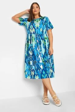 YOURS Curve Blue Abstract Print Frill Sleeve Smock Dress