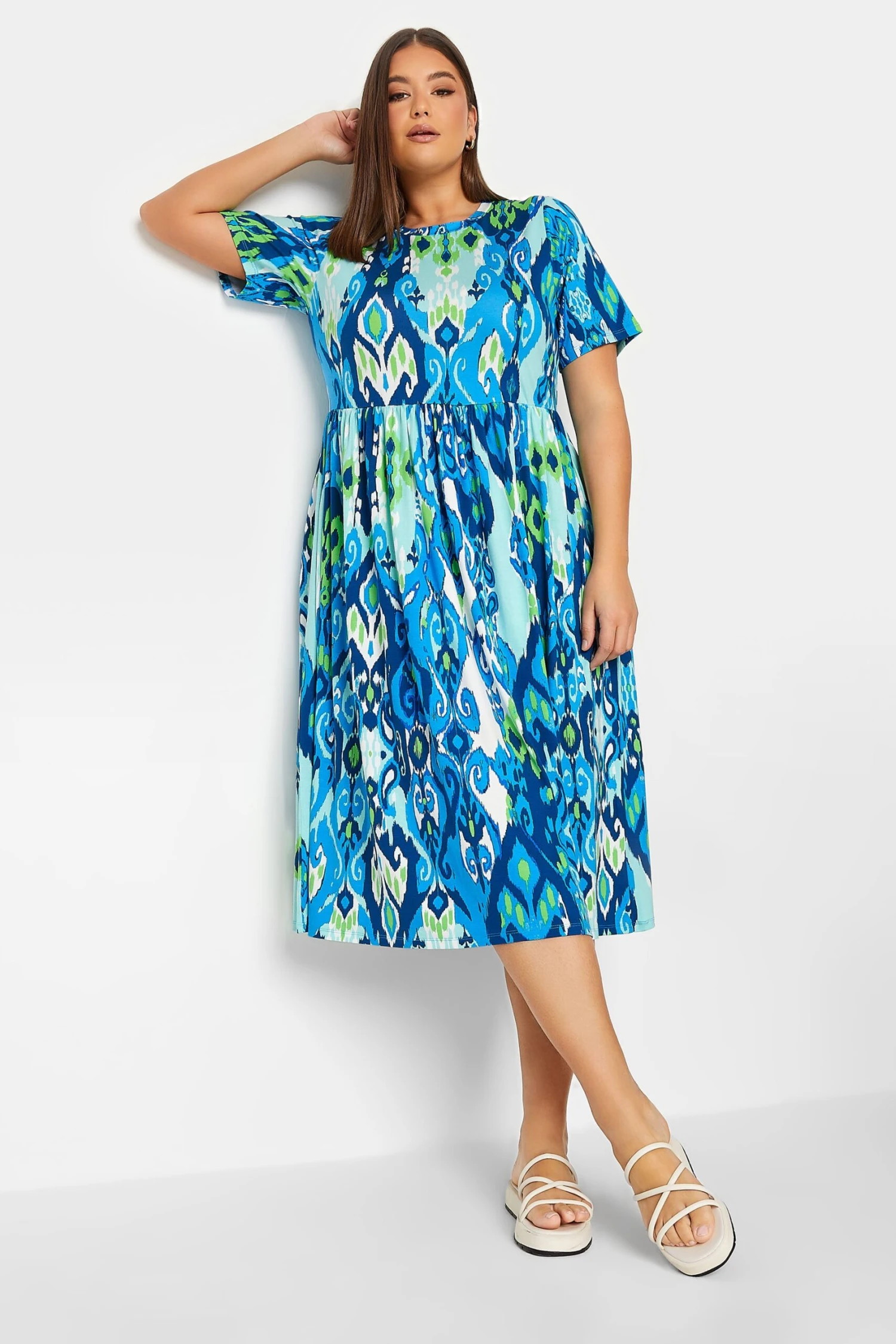 YOURS Curve Blue Abstract Print Frill Sleeve Smock Dress 1 YOURS Curve Blue Abstract Print Frill Sleeve Smock Dress
