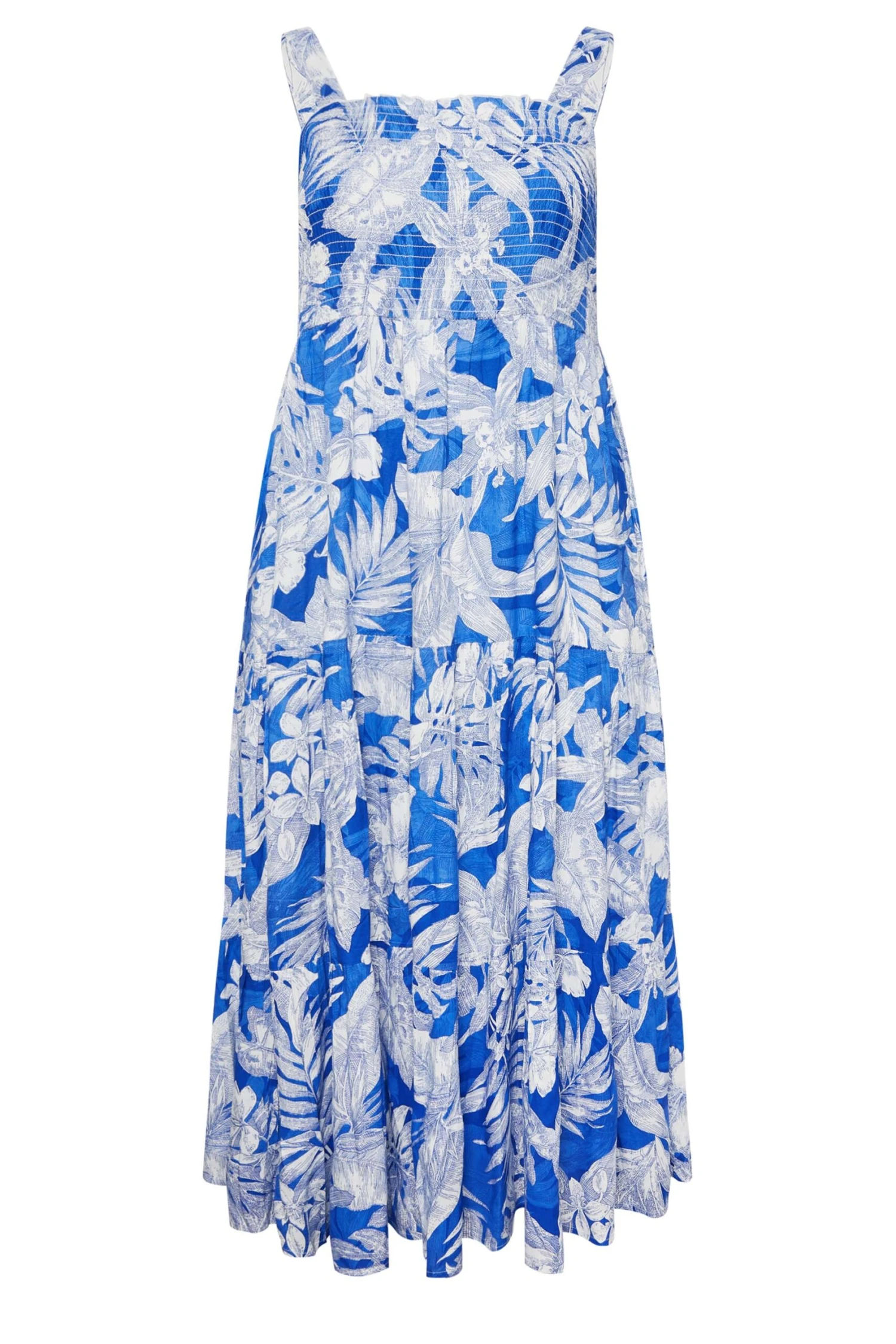 YOURS Curve Blue Tropical Print Shirred Strappy Sundress 7 YOURS Curve Blue Tropical Print Shirred Strappy Sundress - Image 7