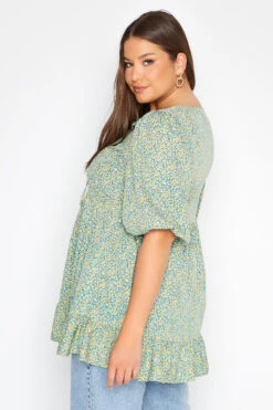 YOURS Curve Blue Ditsy Print Tie Neck Smock Top -Luna Looks Zone 5d5f314a 2999 4a 173754 C
