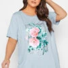 YOURS Curve Light Blue Floral Foil Print T-Shirt