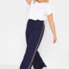 YOURS PETITE Curve Navy Blue Block Stripe Wide Leg Trousers