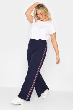 YOURS PETITE Curve Navy Blue Block Stripe Wide Leg Trousers