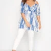 YOURS Curve Blue Tie Dye Cold Shoulder Top