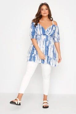 YOURS Curve Blue Tie Dye Cold Shoulder Top