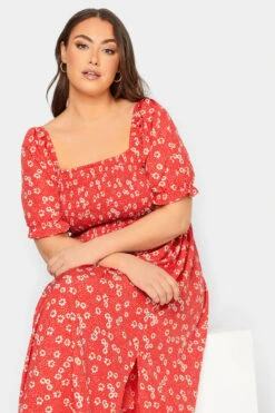 YOURS Curve Red Daisy Print Shirred Midi Dress -Luna Looks Zone 611d1a53 6f19 45 137301 D