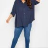 YOURS Curve Navy Blue Short Sleeve Crinkle Shirt