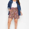 YOURS Curve Black Floral Print Paperbag Waist Shorts