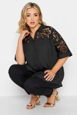 YOURS LONDON Curve Black Lace Insert Shirt -Luna Looks Zone 63448ecd 0597 49 162138 D