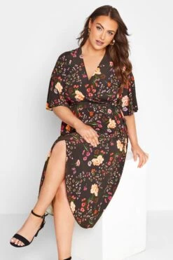 YOURS LONDON Curve Black Floral Print Midi Wrap Dress -Luna Looks Zone 6643fcad a551 43 161817 D