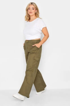 YOURS PETITE Curve Khaki Green Twill Cargo Trousers