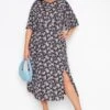 YOURS Curve Black Ditsy Print Side Split Midi Dress