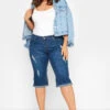 YOURS Curve Blue Distressed Denim Capri Shorts